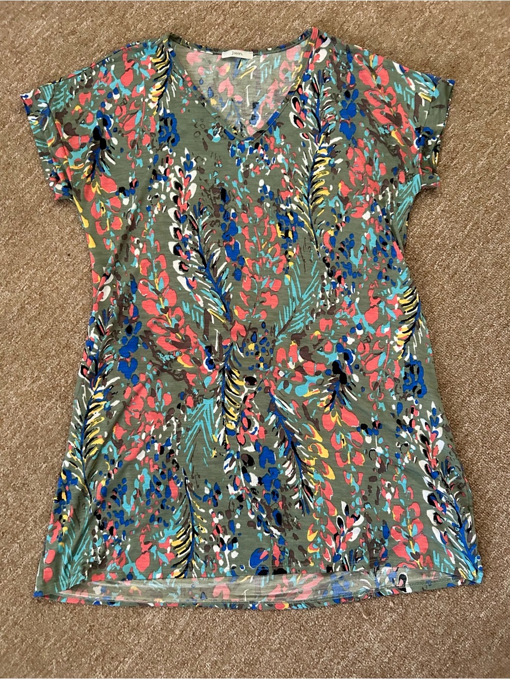 JODIFL Olive Floral-Print V-Neck dress with Coral & Blue Accents size small